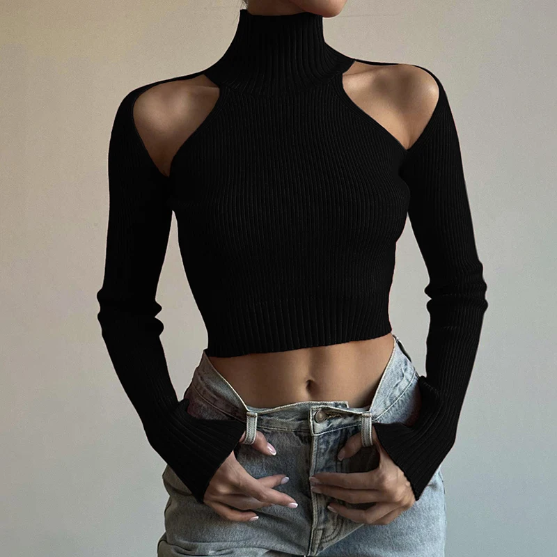 

Basic Black Turtleneck Sweater Pullovers Hollow Out Off Shoulder Skinny Casual Sweaters Streetwear Women Knitwear Jumper