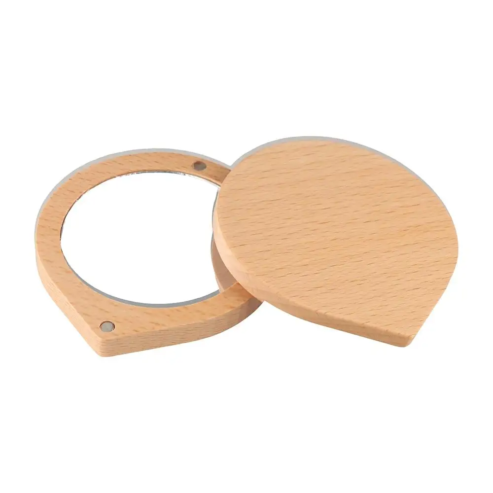 Mini Black Walnut Wood Makeup Mirror Foldable Round Rotating Cosmetic Handheld Magnetic Closure Compact Pocket