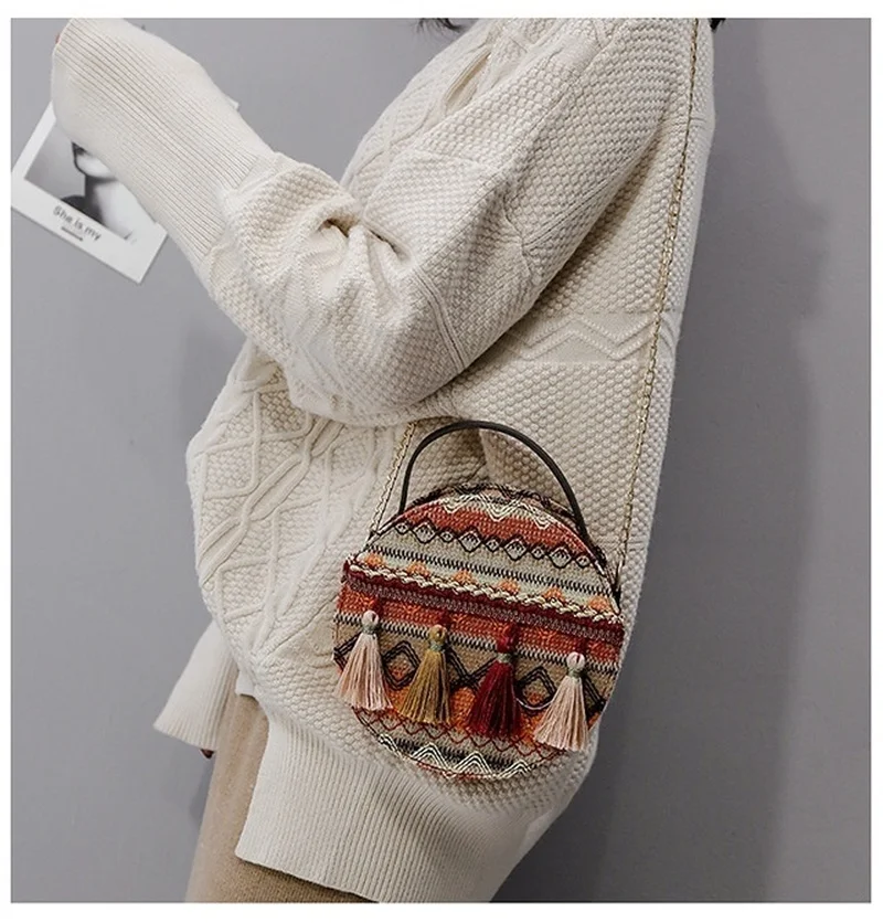 Женская мини-сумка с кисточками в богемном стиле, круглая сумка через плечо, винтажный женский клатч, кошелек, маленькие сумки на молнии