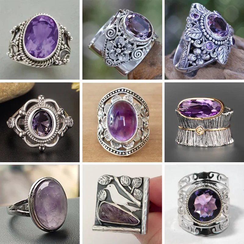 Vintage Engraved Floral Openwork Purple Crystal Rings for Women Creative and Elegant Engagement Party Anniversary Jewelry