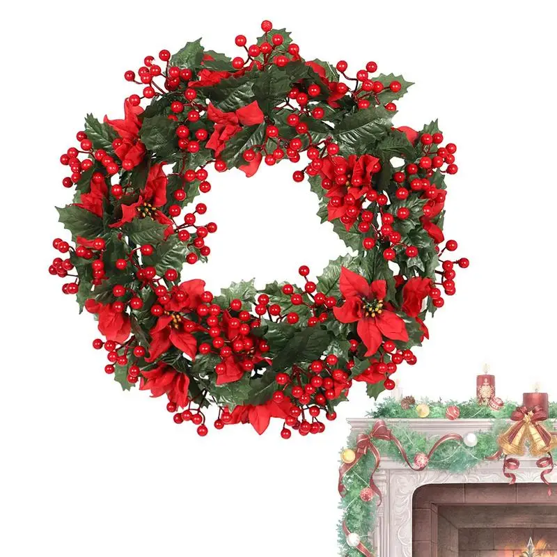 

Рождественский венок из красных ягод, 19 дюймов, искусственный сушеный цветок, венок для помещений, камина, красный дверной венок для зимнего праздника
