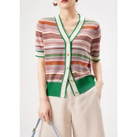 shuchan design high quality indie folk striped cardigan sweater short sleeve summer wool blend single breasted v neck
