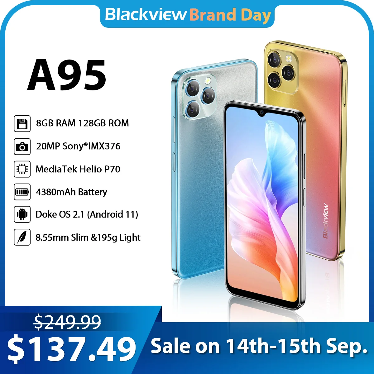  Blackview A95 Smartphone Helio P70 Octa Core Android 11 Mobile Phone 8GB+128GB 6.528\" HD+ Display 20MP Camera 4380mAh  Cellphone 