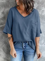 womens top t shirt solid v neck pocket top casual half sleeve womens oversize shirt street simple style loose blouse 2022 new