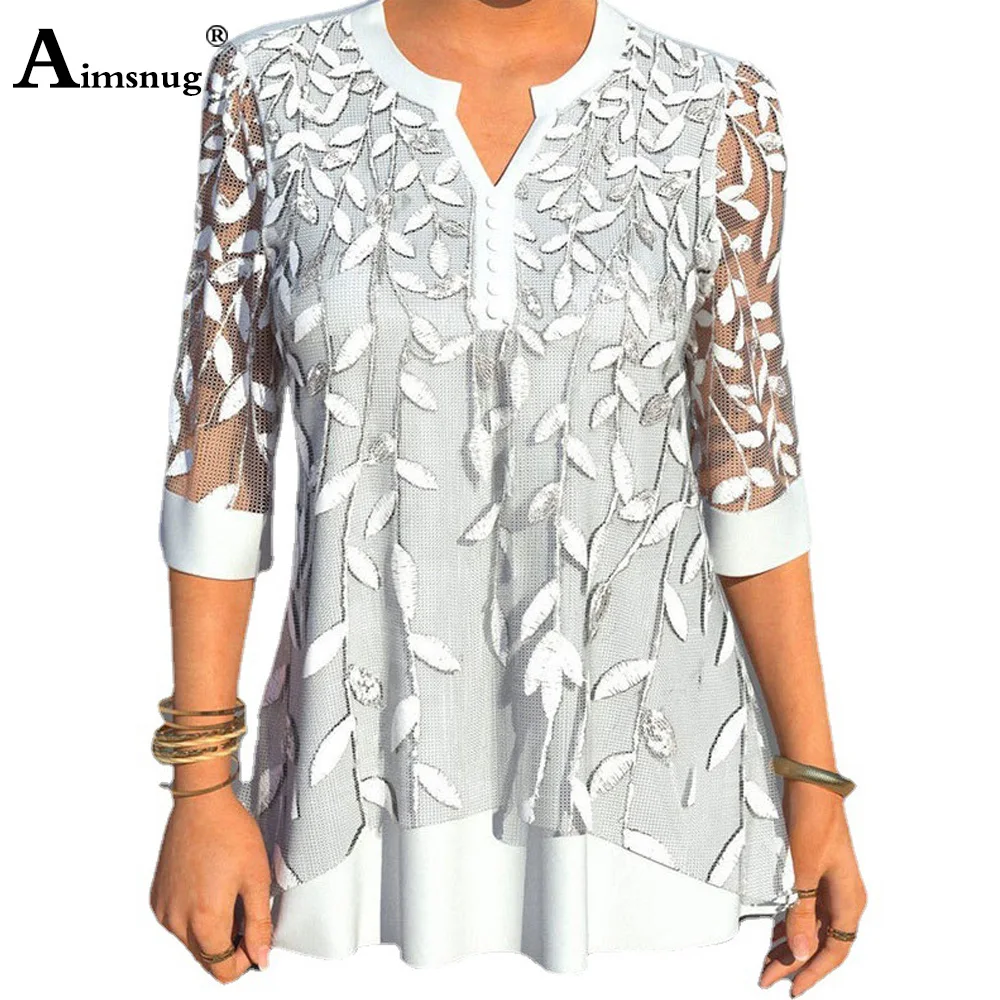 

2023 Three Quarter Sleeve Patchwork Lace Tees Shirt Women Casual Pullovers Large Big 5XL Female The Tops Model Leaf Print Shirts