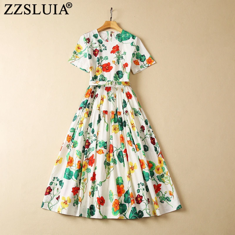 ZZSLUIA Cotton Dresses For Women Floral Printed Designer Slim Midi Dress With Belt Fashion Short Sleeve Vintage Dresses Female