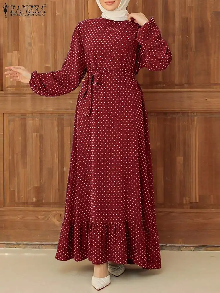 

ZANZEA Women Autumn O-Neck Long Sleeve Ruffles Hem Sundress Femme Polka Dots Print Muslim Dress Fashion Party Abaya Kaftan Robe