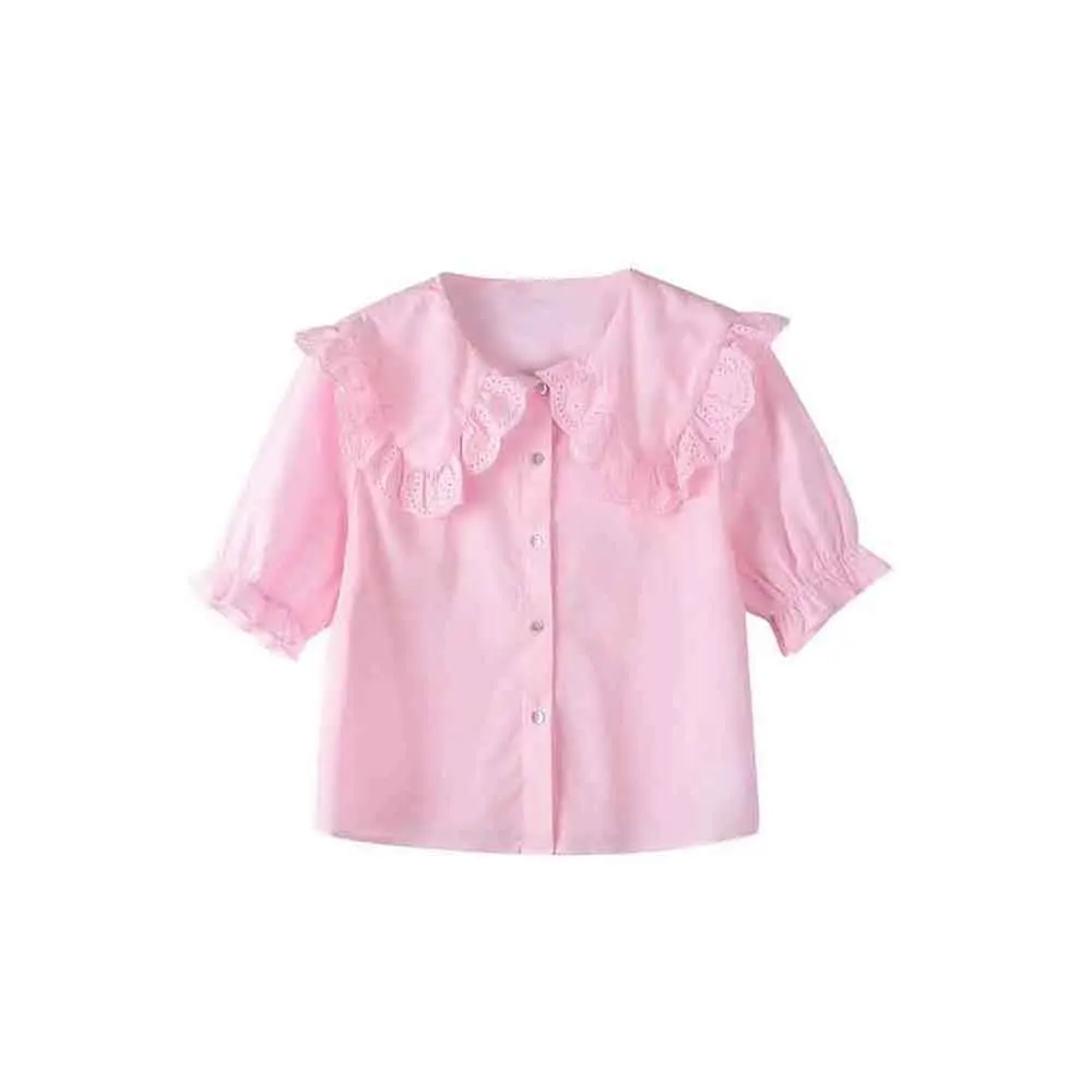 

Women 2023 New Sweet Fashion Summer Embroidery Lace Powder Blouses Vintage Puff Sleeve Female Shirts Chic Tops