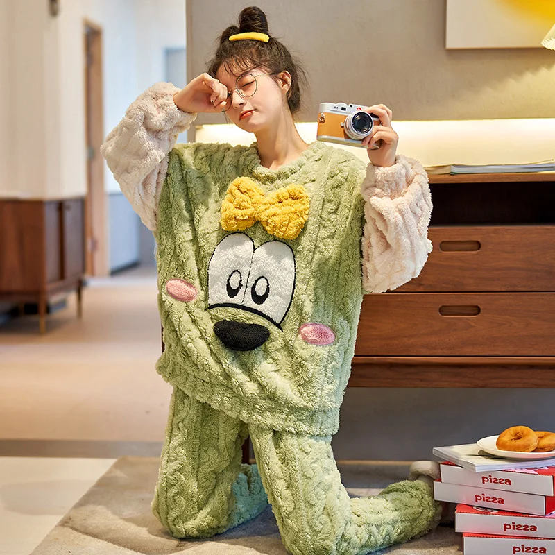 

Winter Pajamas Coral Fleece Pajama Set Loose Version Inspissate Women Sleepwear Cartoon Plush Flannel Pullover Plus Size