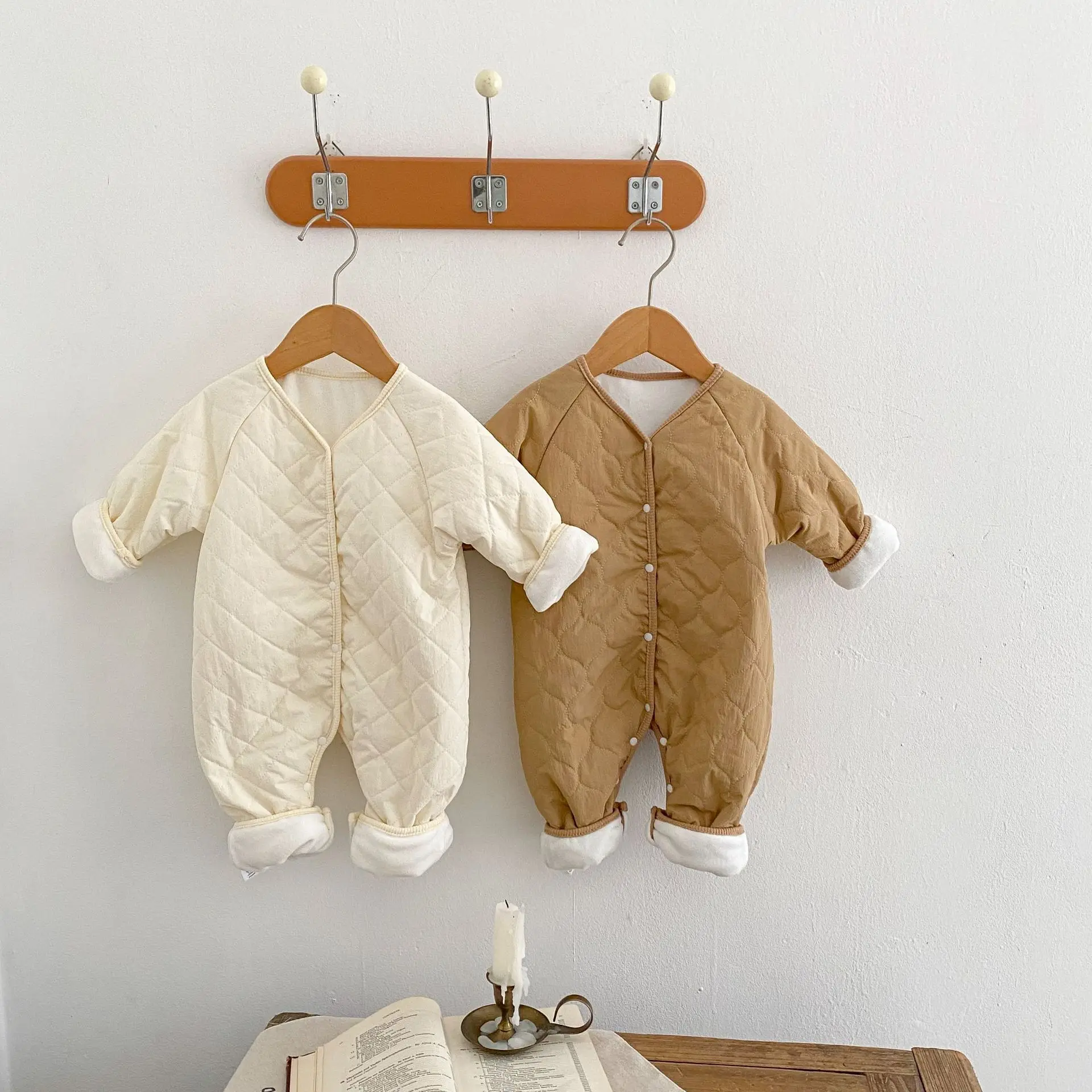 

Winter Baby Down Rompers Autumn Solid Long Sleeve Newborn Boys Girls Button Jumpsuits Playsuits 0-24m Children Outerwear Clothes