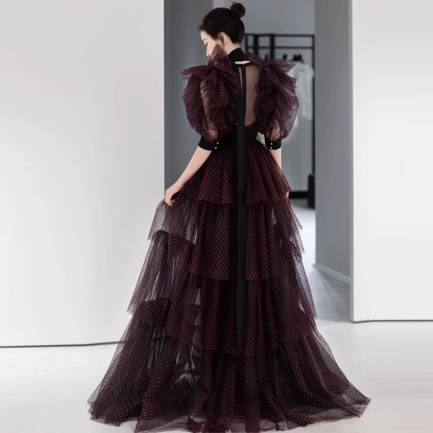 Бордовое черное Тюлевое платье в горошек ТРАПЕЦИЕВИДНОЕ изготовленное на заказ