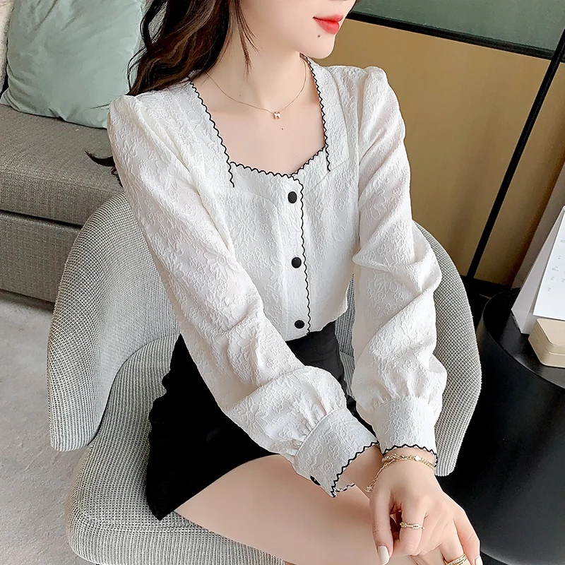 

Шифоновая женская блузка, однотонная Свободная рубашка, летний модный Повседневный Топ большого размера с длинным рукавом, белая одежда в К...