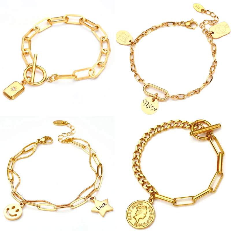 

Браслет-цепочка из нержавеющей стали золотого цвета с сердцем и круглым портретом