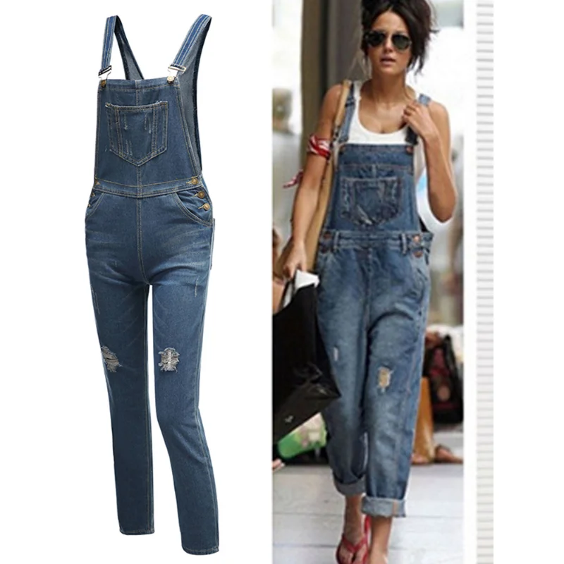 Women fashion denim trousers new loose jeans European and American ripped denim overalls