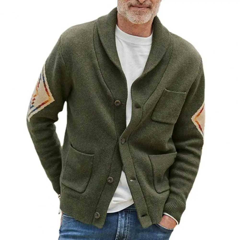 Winter Men's Coat Lapel Buttons Single-breasted Pockets Thicken Warm Jacquard Weave Knitted Cardigan Winter Sweater Jacket