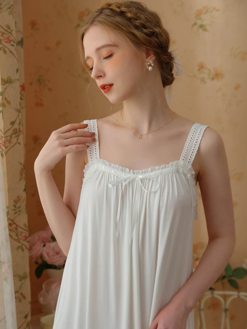 Women Summer Victorian Nightgowns Spaghetti Strap Backless Lace Fairy Nightdress Sweet Vintage Princess Modal Sexy Sleepwear