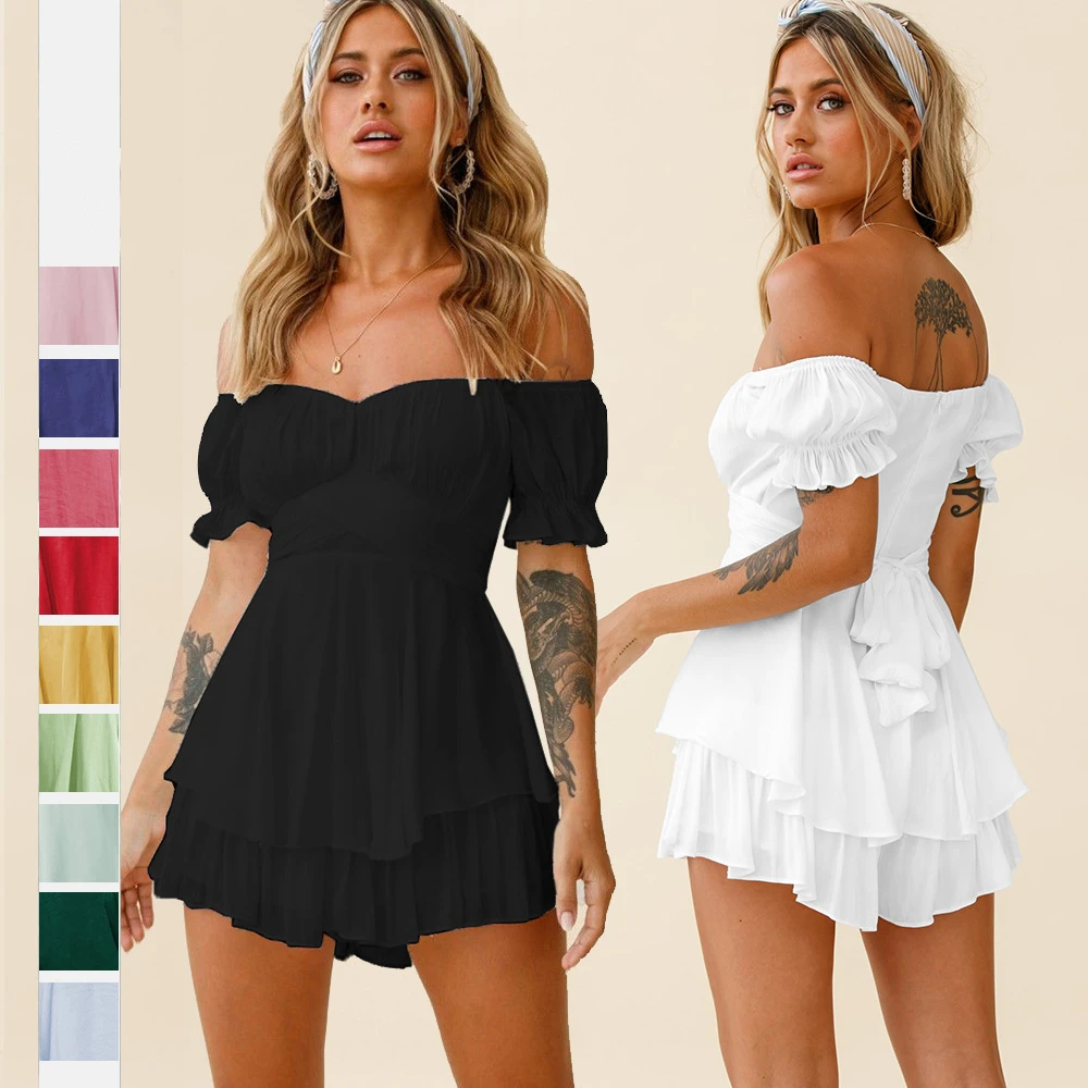 

Women's Summer Dress off-the-Shoulder Ruffled Sexy Suit Bohemian Clothes Chiffon Mini Jumpsuit Bloomers Loose