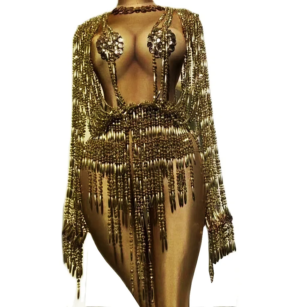 

Gold Embellished Beaded Rhinestones Chain Bodysuit Sparkly Clothing For Women Theatrical Costume Nightclub Outfit Dance Wear