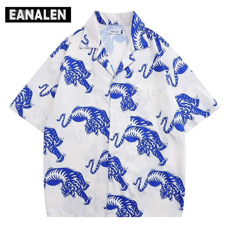 

Harajuku Retro White Black Yellow Tiger Print Shirt Men Oversized Fashion Trend Korean Clothing Casual Anime Short Sleeve Shirt
