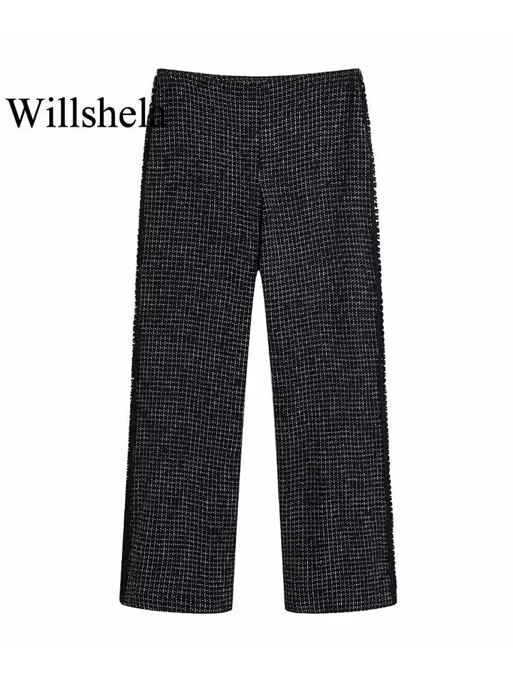 

Willshela женские модные клетчатые брюки с боковой молнией, винтажные женские широкие брюки с высокой талией