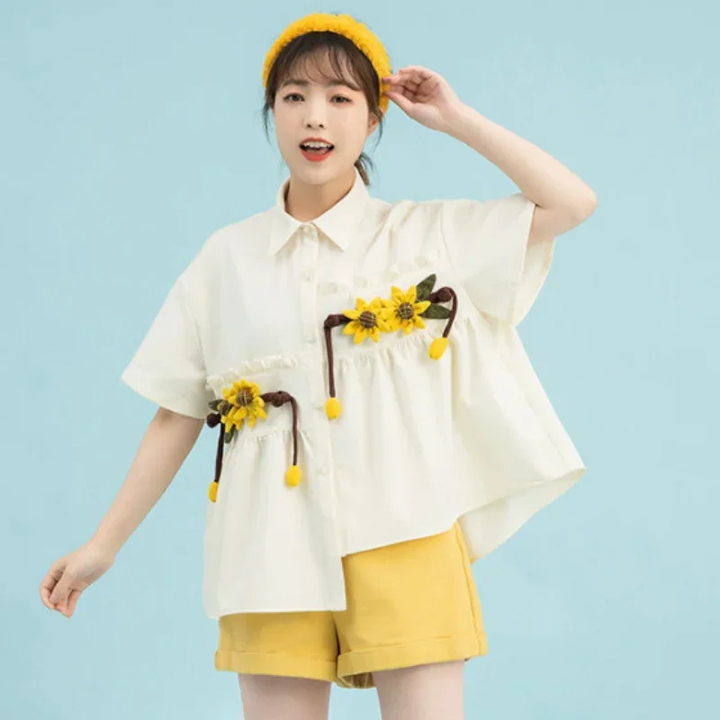 Рубашки женские Kawaii одежда летние асимметричные милые девичьи подростковые