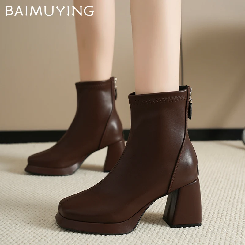 Зимние женские ботильоны в стиле ретро обувь на высоком каблуке с квадратным