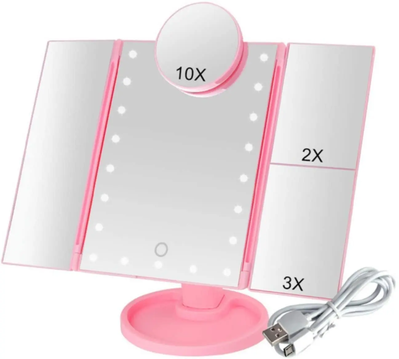 

Makeup Mirror with Dimmalble LED Lights, Tri-Fold, 1x/2x/3x Magnification, 180 Adjustable Rotation Cosmetic Lighted Up Mirror Ra