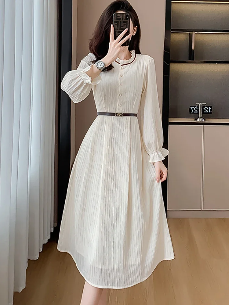 2024 белое платье миди с длинными рукавами и рюшами на воротнике женское