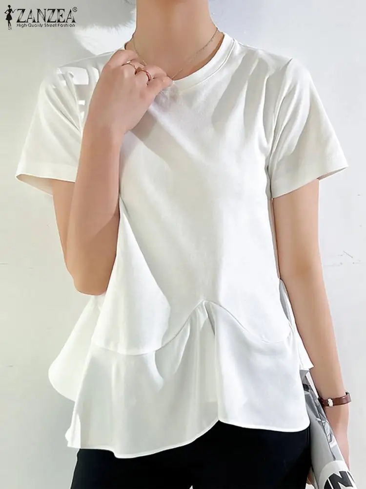 

ZANZEA Short Sleeve Solid Color Tops O-neck Fashion Blusas Casual Women T-shirts Irregular Ruffled Hem Knitted 2023 Summer Tees
