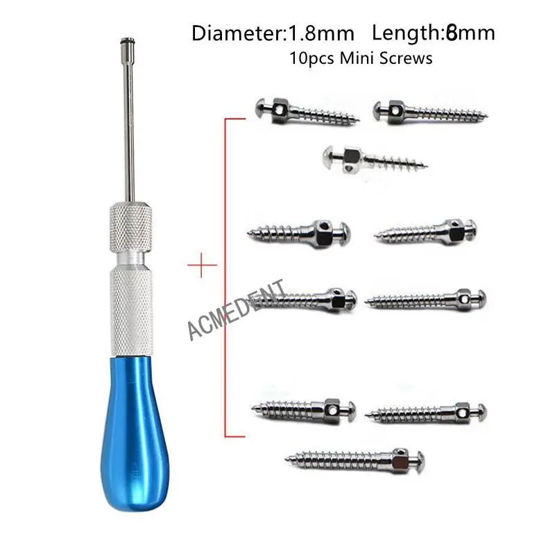 1 Set Screwdriver +10pcs Mini Screws Dental Orthodontic Screw Driver Micro Screw Driver Handle Drilling Tool 1.8mm*8mmX10