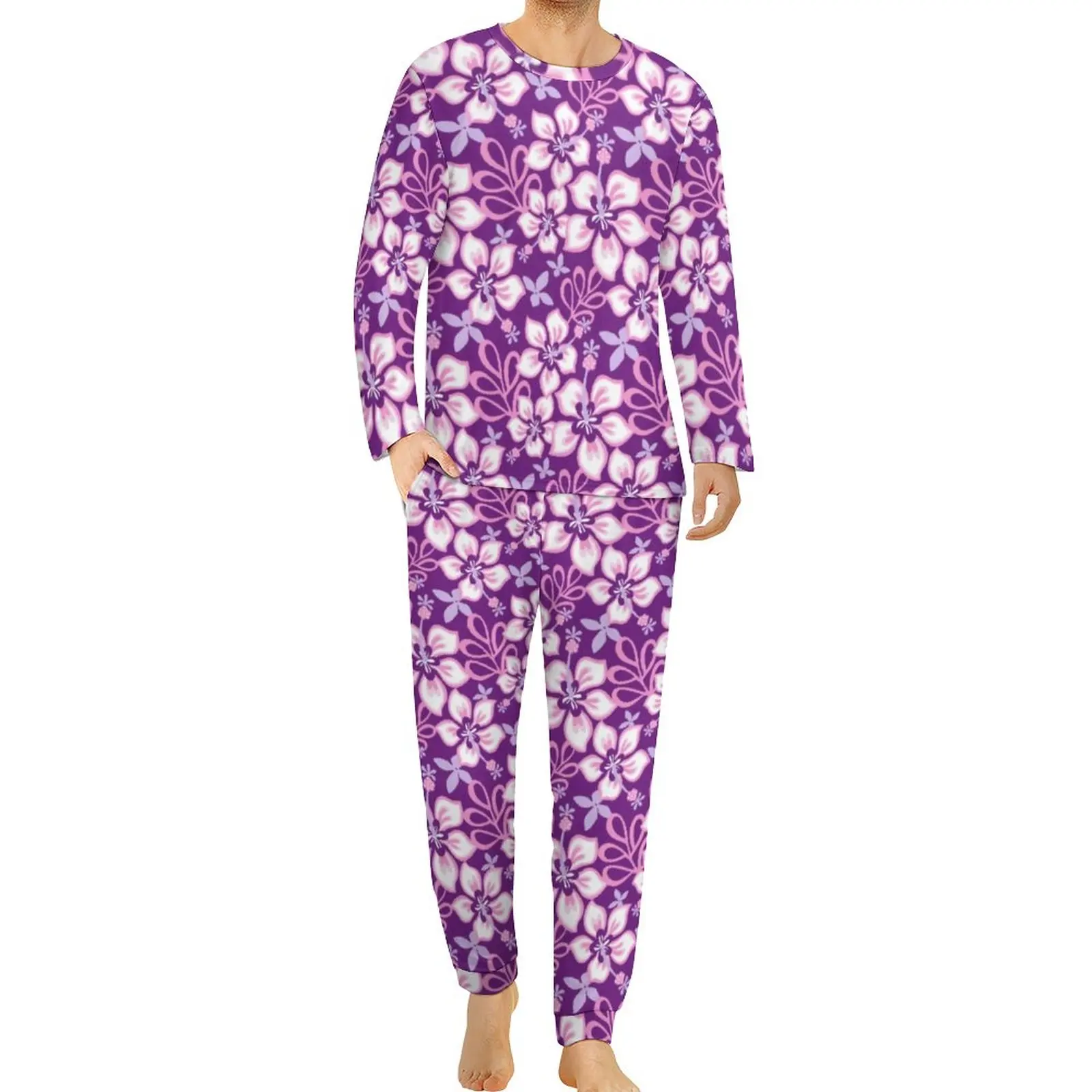 Tropical Flower Pajamas Hawaiian Print Male Long Sleeves Cute Pajamas Set Two Piece Home Winter Graphic Nightwear Gift