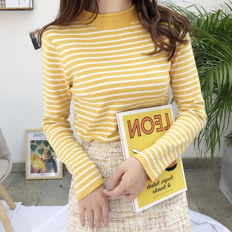 Полосатые пуловеры для женщин облегающие Топы с длинным рукавом нижнее белье