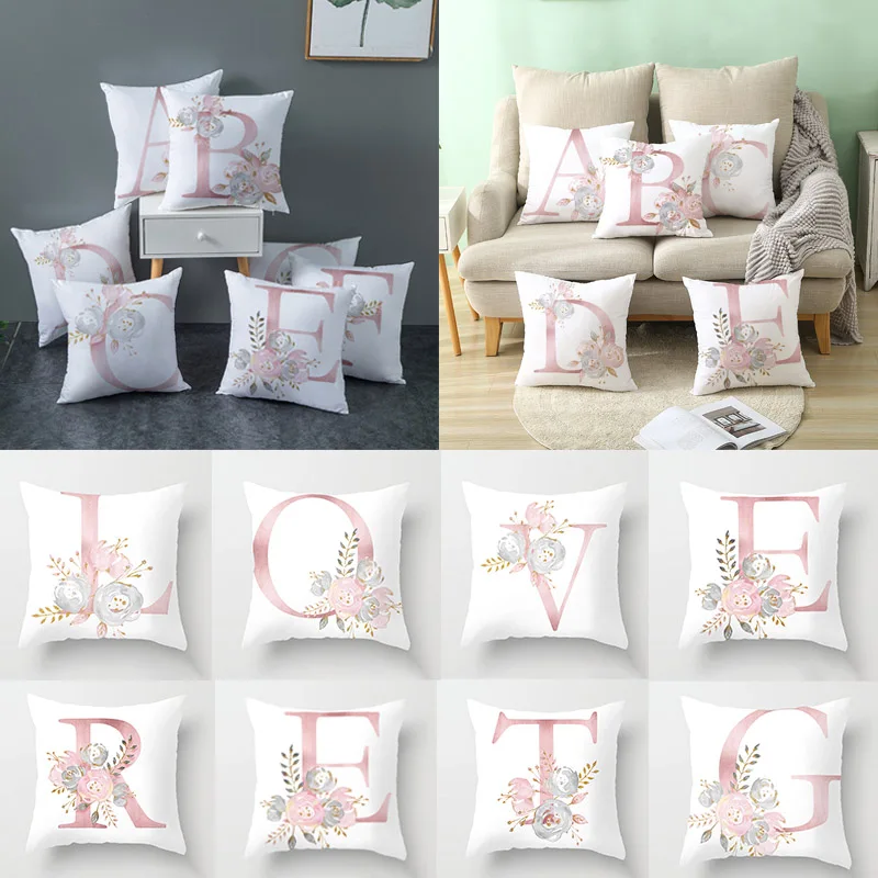 

26 Letters Pink Pillow Case Letter Throw Pillow Cover Alphabet Letter Decorative Pillowcases 45x45cm almohada Pink Pillowcase