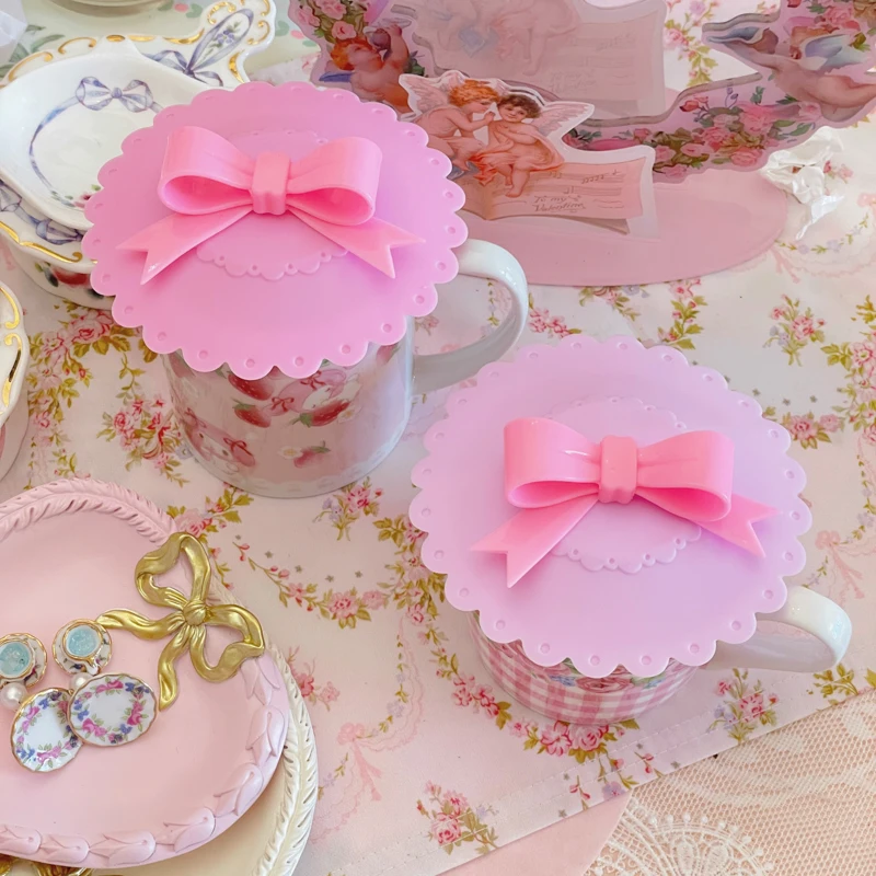 

Ins Mug Silicone Lid Universal Round Breakfast Milk Cup Cover Korean Romantic Pink Bow Two Colors 4pcs Silicone Caps for Glasses
