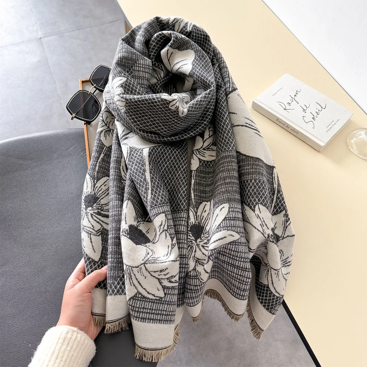 Женский Толстый Теплый Шарф В Стиле Ретро С Цветочным Принтом Кашемир Пашмина