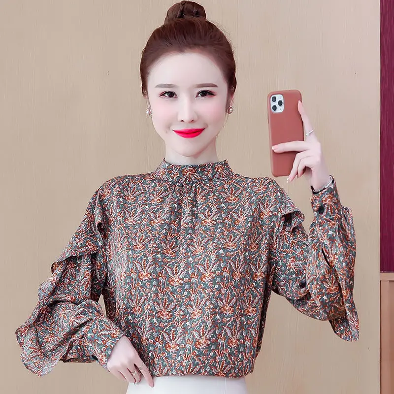 

Slender tops blouse flesh western chiffon shirts ruffles stand-up collars long-sleeved spring and autumn blouse women clothing