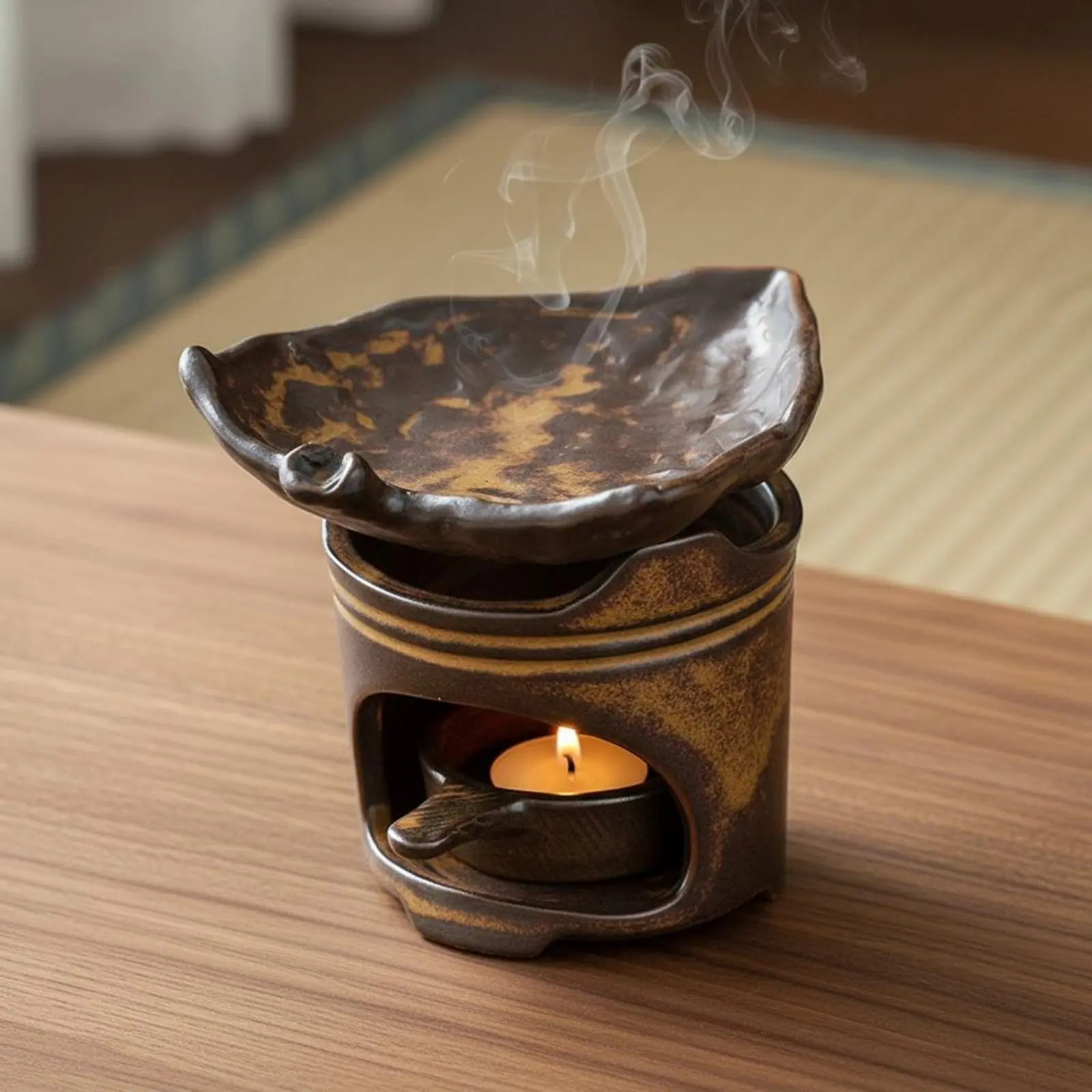 Фото Керамическая аромалампа для чая с дизайном в стиле Tranquil Inspired, работающая от свечи, для ароматизации маслом, в деревенском стиле, винтажный дизайн №1
