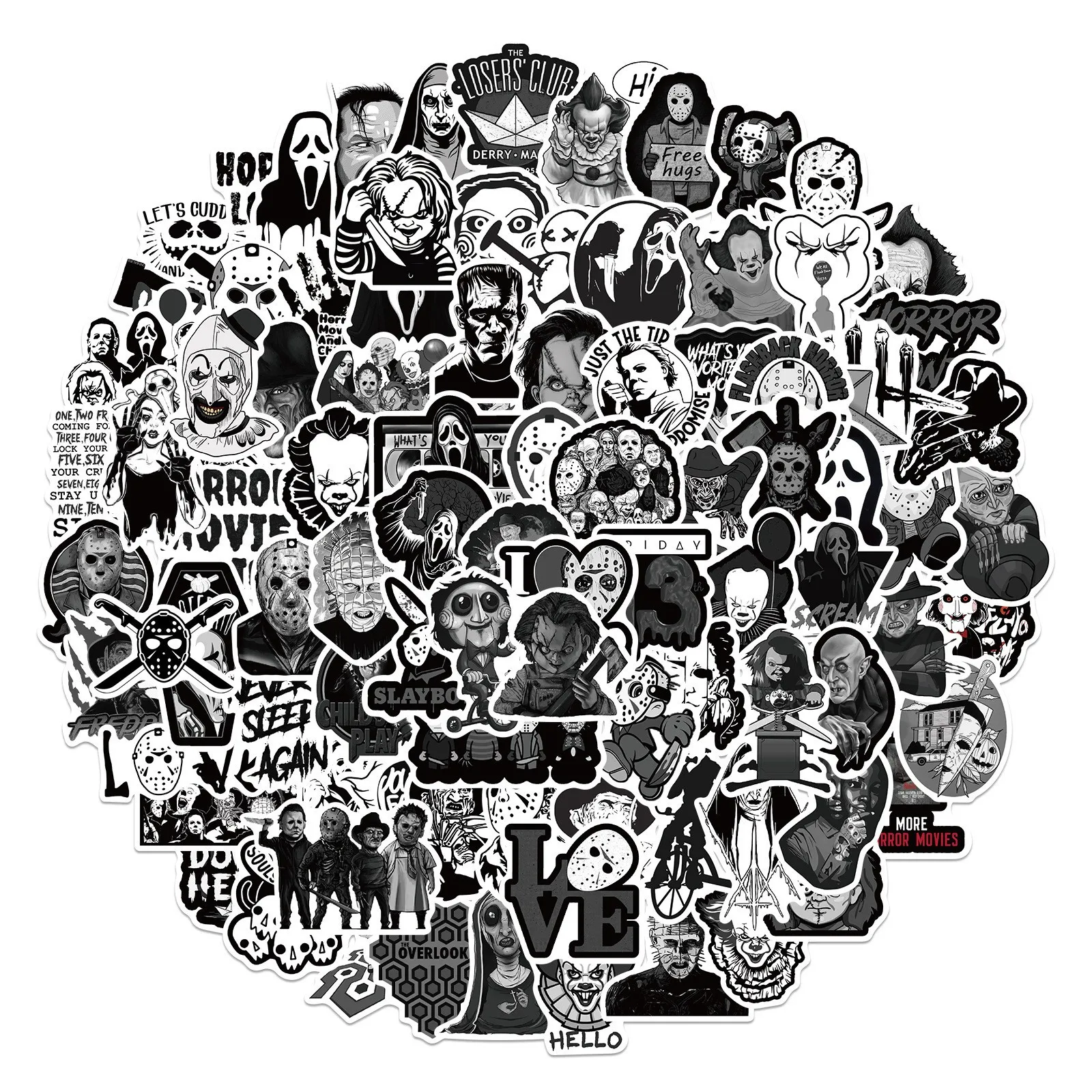 50/100 шт. черно-белые наклейки в виде персонажей фильма ужасы |
