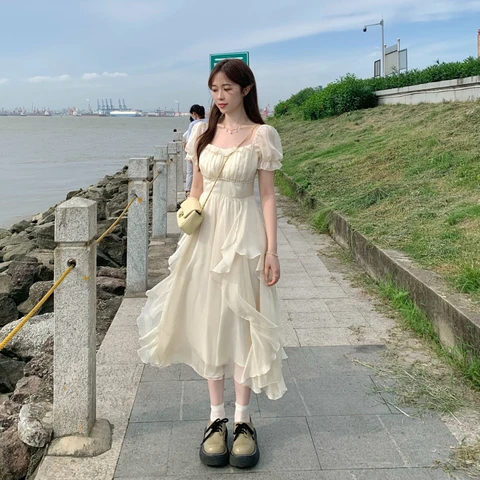 Летнее шифоновое сказочное платье, женское однотонное элегантное платье средней длины, женское повседневное корейское модное дизайнерское цельное платье, новинка 2023