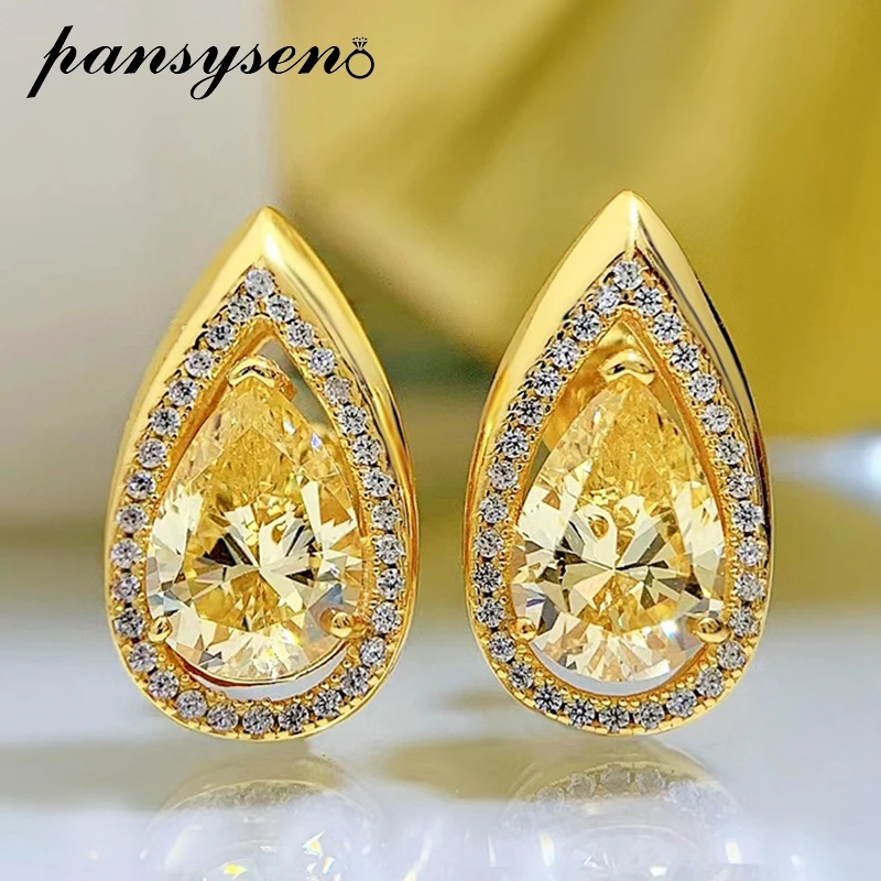 

PANSYSEN Luxury 925 Sterling Silver 3.3CT 7*10MM Pear Cut Citrine Pink Sapphire Gemstone Stud Earrings Wedding Party Women Gift