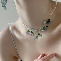 korean elegant handmade acrylic green flower necklace for women girls fashion strand pendant choker jewelry gifts