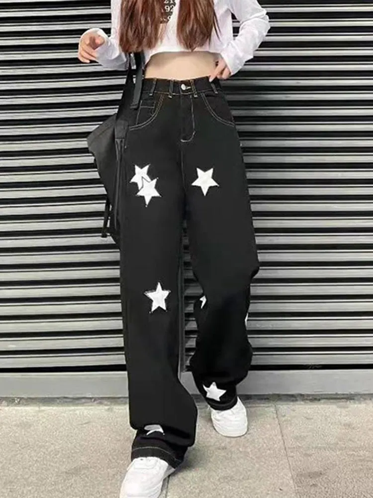 

Retro Washed Five Stars Print Jeans Women Y2k Black Spliced Straight Streetwear Pants Loose Casual High Waist Denim Trousers