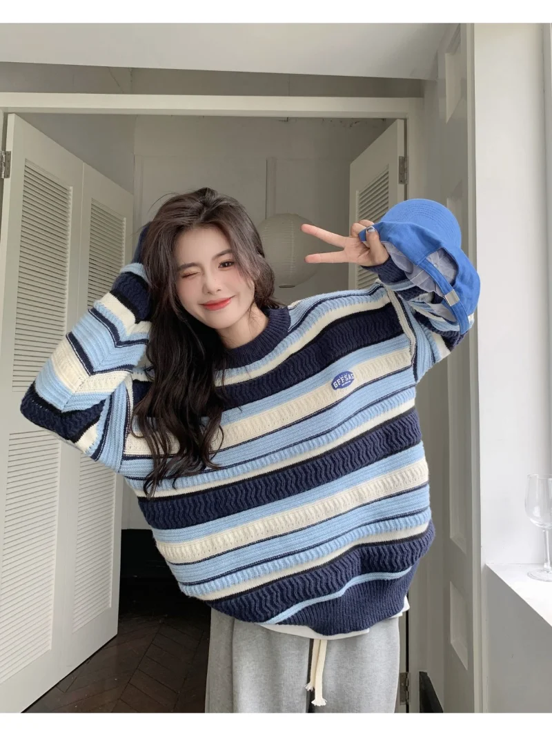 

Свитер оверсайз в контрастную полоску, Модный трикотажный пуловер в японском стиле ретро, в стиле Харадзюку, с длинным рукавом