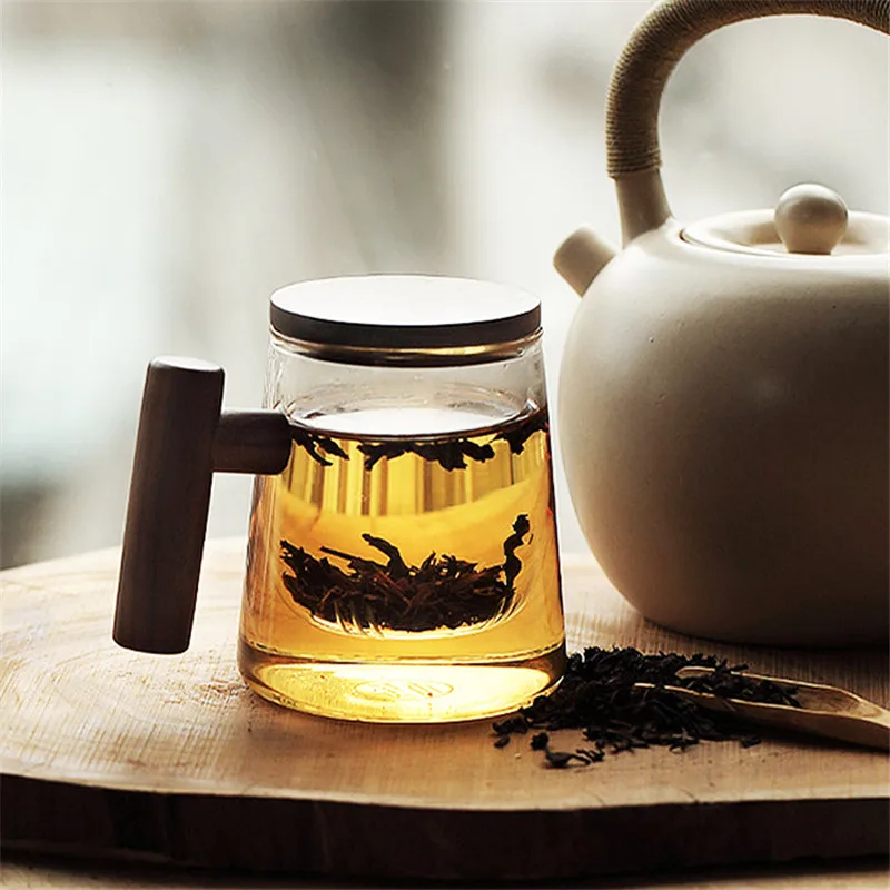

Термостойкая креативная чайная чашка из боросиликатного стекла прозрачная чайная чашка с фильтром деревянная крышка ручки из бука чашка