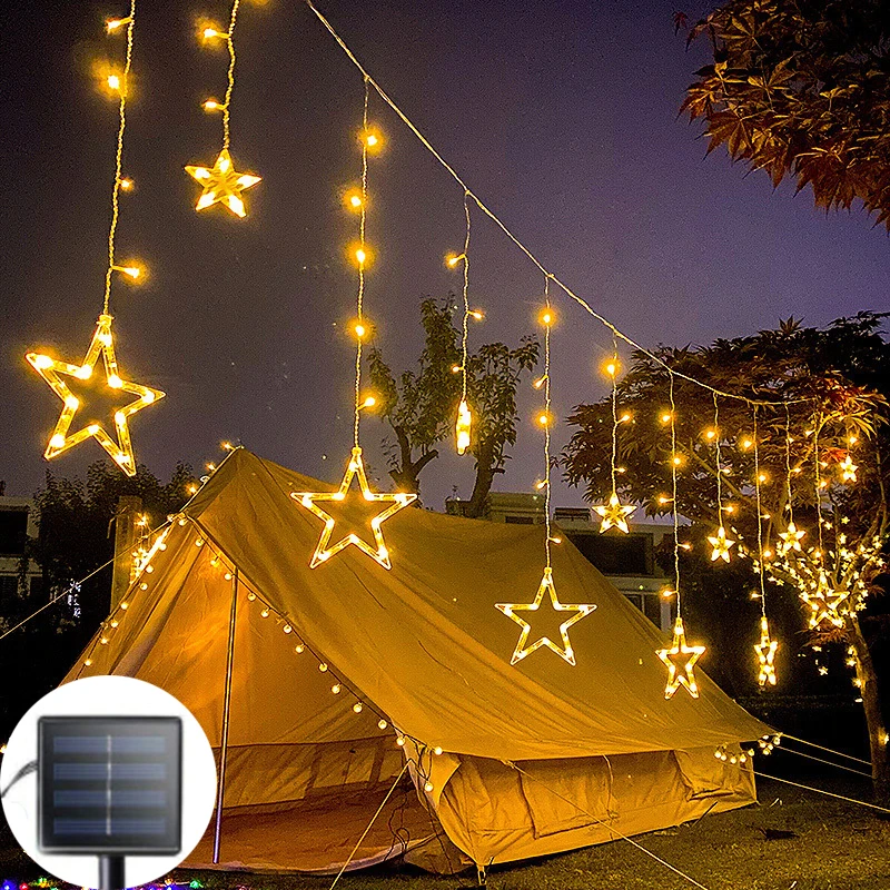 

Solar LED Icicle Star Moon Lamp Fairy Curtain String Lights Garland Christmas Decor for Room Home Wedding Party Window Decor