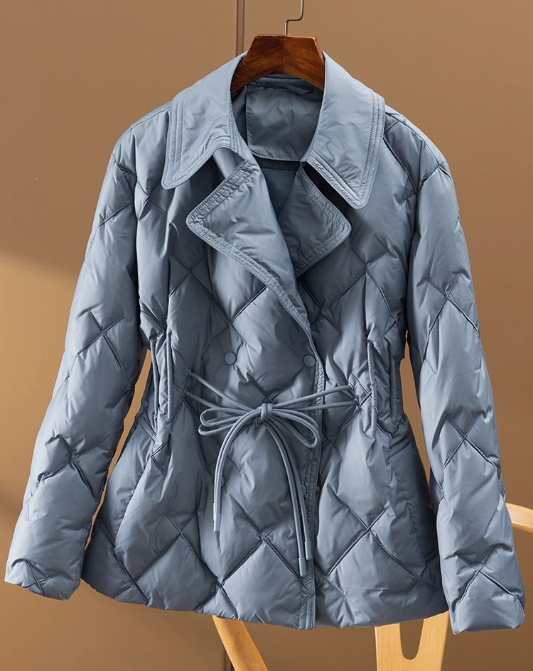 Spring 2023 Thin 90%  White Duck Down  Jacket Women  Preppy Style  Covered Button  Slim  Adjustable Waist  Coat Women