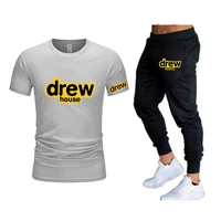 drew summer t shirtpants two piece mens casual sports suit tide brand sportswear pure cotton fashion mens clothing tracksuit