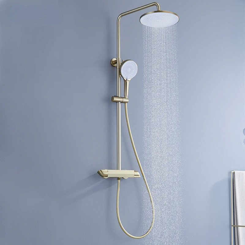 

Rain Hot Cold Bathroom Brushed Gold Shower Mixer 3 Outlets Gold Bath Mixer Faucet Shower Head Faucet Set Rain