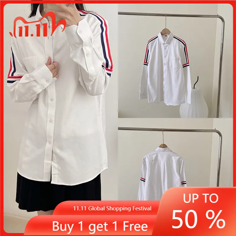 

TB Shirt 2023 New Men and Women with Oxford Long Sleeve Red, White and Blue Tricolor Shoulder Color Stripes Relaxed and Casual