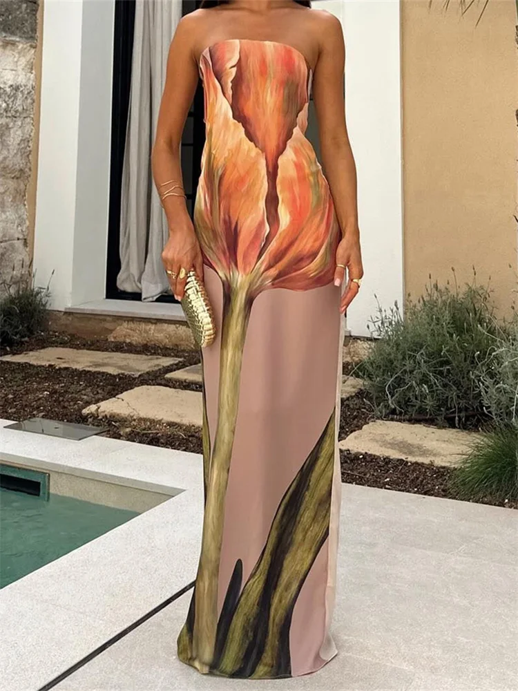 Винтажное женское летнее длинное платье CHRONSTYLE с цветочным принтом без бретелек